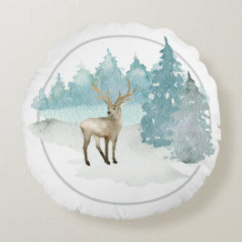 Winter Woodland Wasserfarbe Weihnachten Hirsch Rundes Kissen