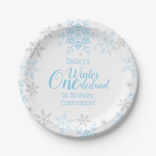Winter Wunderland 1. Geburtstag Blaue Schneeflocke Pappteller (Vorderseite)