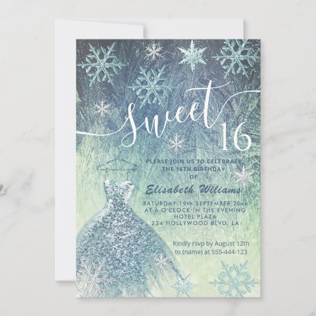 Winter Wunderland blaues Kleid glitterombre Einladung (Vorderseite)