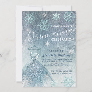 Winter Wunderland blaues Kleid glittery Quinceañer Einladung