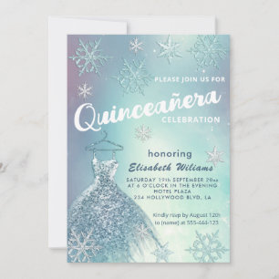 Winter Wunderland blaues Kleid glittery Quinceañer Einladung