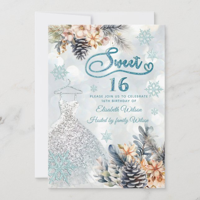 Winter Wunderland Blumen Adorable Kleid süß 16 Einladung (Vorderseite)