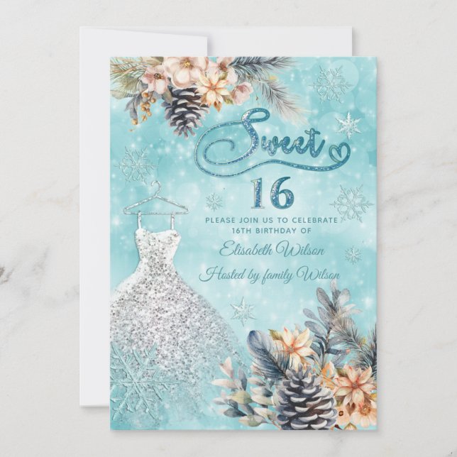 Winter Wunderland Blumen Adorable Kleid süß 16 Einladung (Vorderseite)