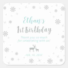 Winter Wunderland, Custom Silver Blue 1. Geburtsta Quadratischer Aufkleber