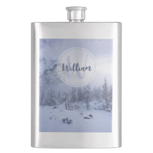 Winter Wunderland Nebel Fichtenwald Schneemonogram Flachmann