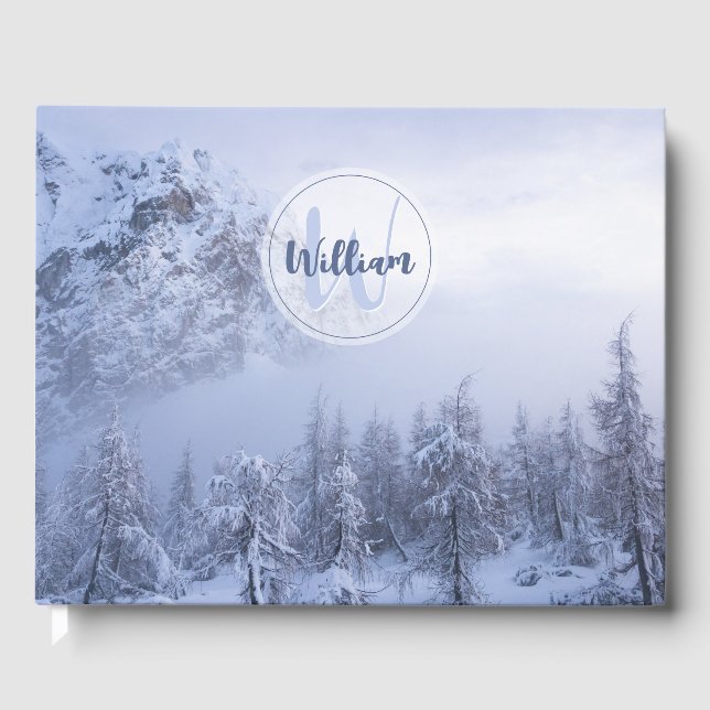 Winter Wunderland Nebel Fichtenwald Schneemonogram Gästebuch (Vorderseite)