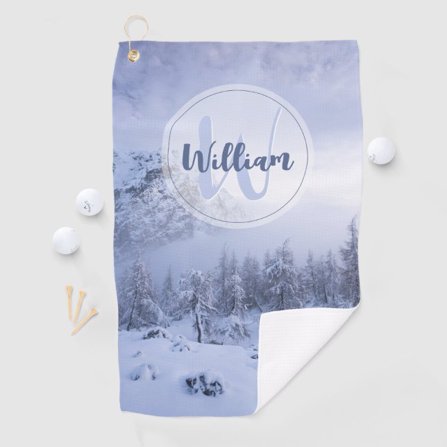 Winter Wunderland Nebel Fichtenwald Schneemonogram Golfhandtuch (Insitu)