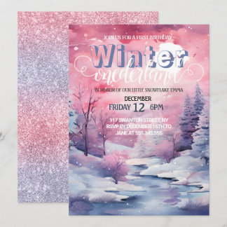 Winter Wunderland Pink Wasserfarbe mit Glitzer Einladung