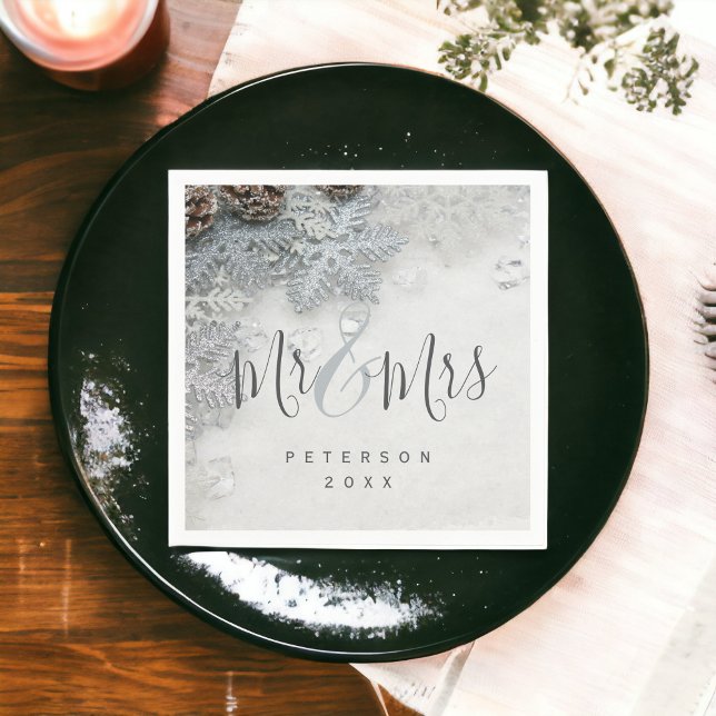 Winter Wunderland Silberschnee Foto Mr & Mrs. Serviette (Winter wonderland silver snow photo Mr & Mrs Napkins)