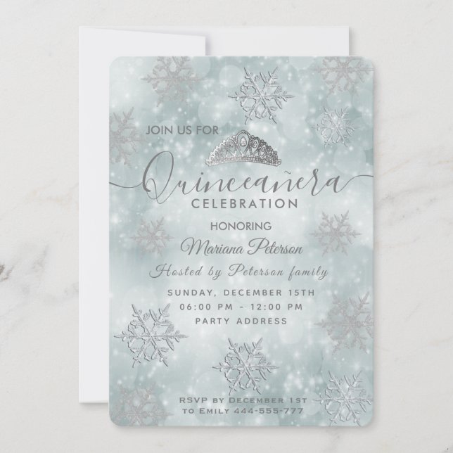 Winter Wunderland staubige blaue Tiara Quinceañera Einladung (Vorderseite)