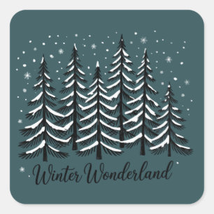 Winter-Wunderland-Urlaubswald Immergrüner Baum Quadratischer Aufkleber