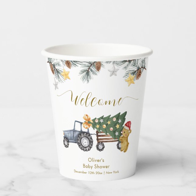 Winter X'mas Tree Tractor Bear Baby Shower Welcome Pappbecher (Vorderseite)