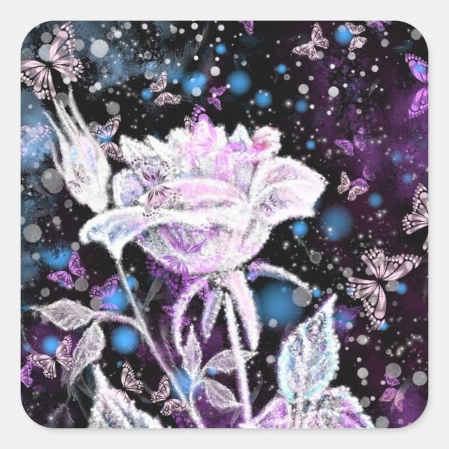 Winteraufkleber für Rose und Schmetterlinge Quadratischer Aufkleber (Vorderseite)