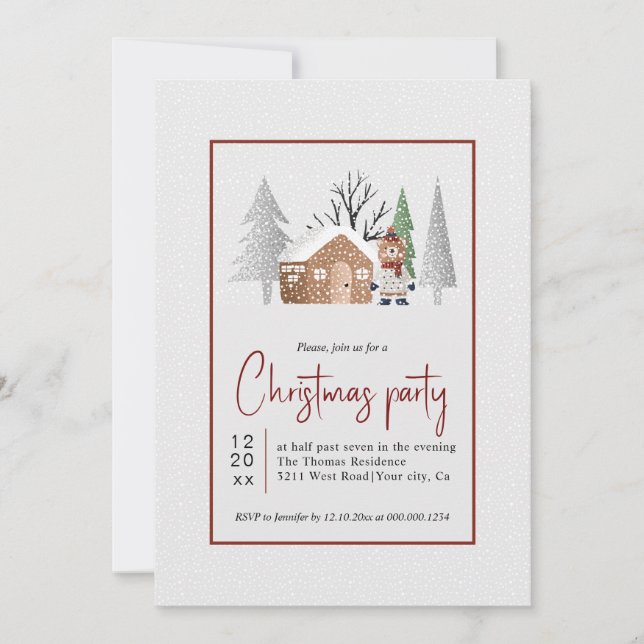 Winterbär, Bäume und Schneefall Weihnachts-Party Einladung (Vorderseite)