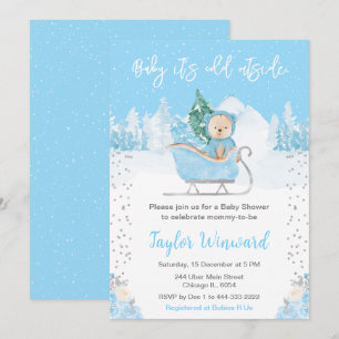 Winterbär Blau Schlitten Babyparty Einladung