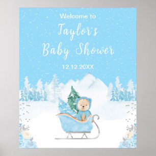 Winterbär Blaue Schlitten-Baby-Party-Willkommen Poster