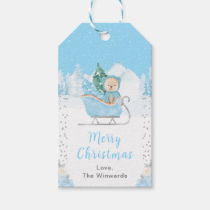 Winterbär Blaue Schlitten Frohe Weihnachten Geschenkanhänger