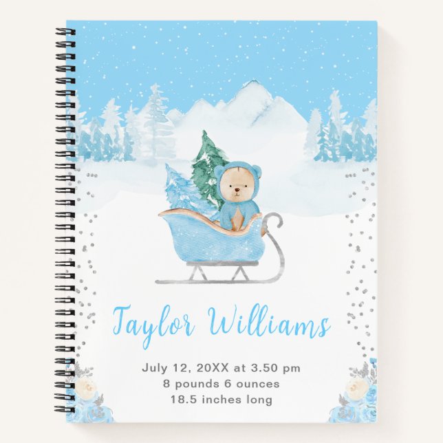 Winterbär Blue Sleigh Geburtenstatistik Notizbuch (Vorderseite)