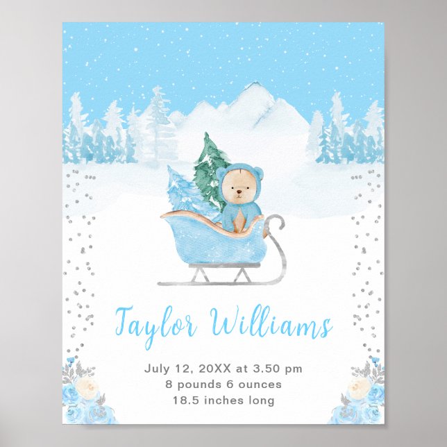 Winterbär Blue Sleigh Geburtenstatistik Poster (Vorne)