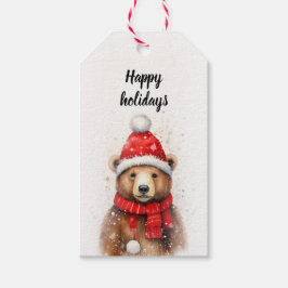 Winterbär in einem gemütlichen Red Hat Geschenkanhänger