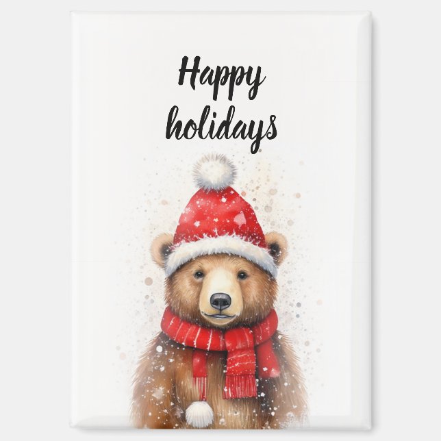 Winterbär in einem gemütlichen Red Hat Magnet (Vorderseite)
