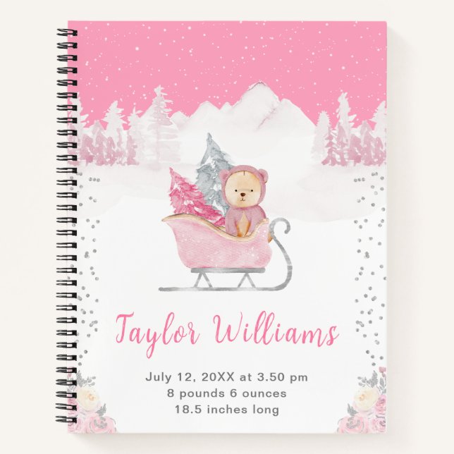 Winterbär Pink Sleigh Geburtsstatistik Notizbuch (Vorderseite)