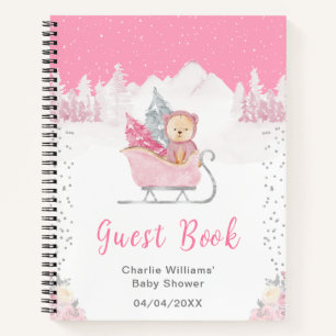 Winterbär Pinker Schlitten Baby Shower Gästebuch Notizbuch