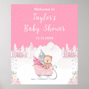 Winterbär Pinker Schlitten Baby Shower Willkommen Poster