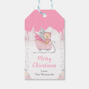 Winterbär Rosa Schlitten Frohe Weihnachten Geschenkanhänger