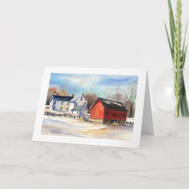 Winterbauernhof & Roter Barn Feiertagskarte (Vorderseite)