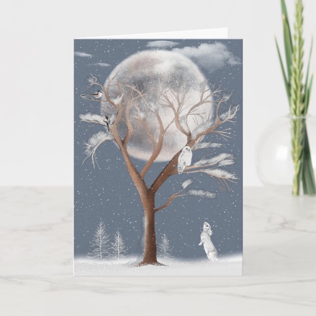 Winterbaum mit Mond und Schale Feiertagskarte (Vorderseite)