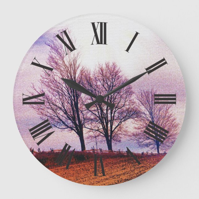 Winterbäume & Bauernhäuser Landschaft Kunst, Dicht Große Wanduhr (Vorderseite)