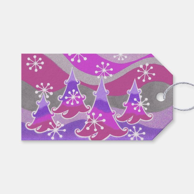 Winterbäume Lila Geschenketiketten Geschenkanhänger (Vorderseite (Horizontal))