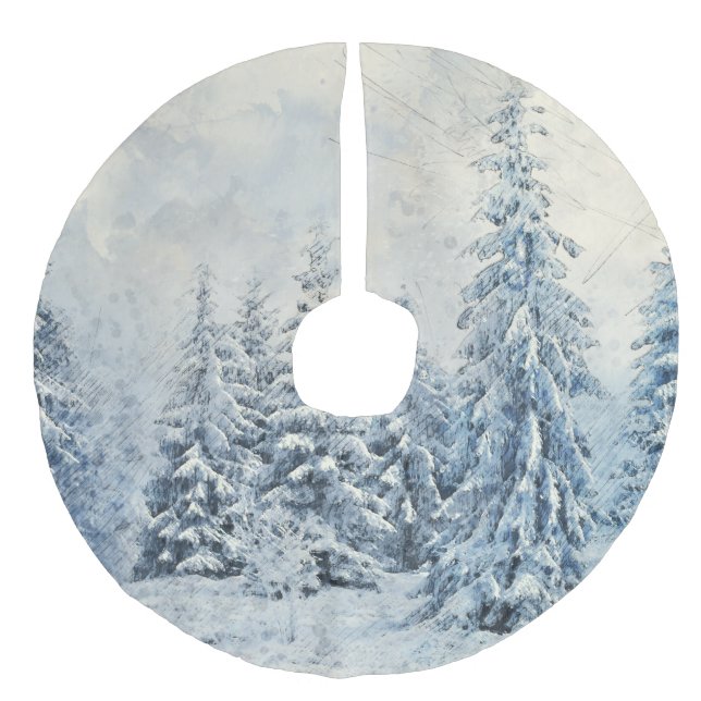 Winterbäume Schneeszene Leinenimitat Weihnachtsbaumdecke (Vorderseite)