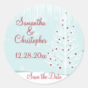 Winterbäume und Schneeflocken Save the Date Runder Aufkleber