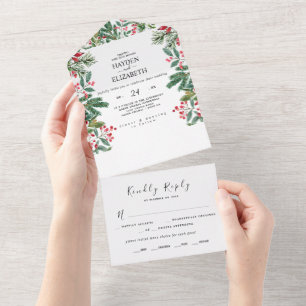 Winterbeeren Kiefernzapfen Grün Hochzeit All In One Einladung