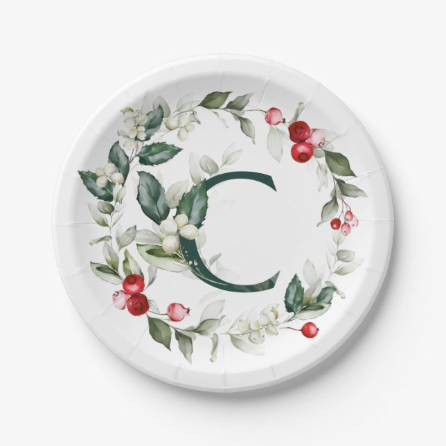 Winterberries Monogram C Paper Plate Pappteller (Vorderseite)