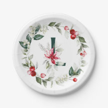 Winterberries Monogram L Paper Plate