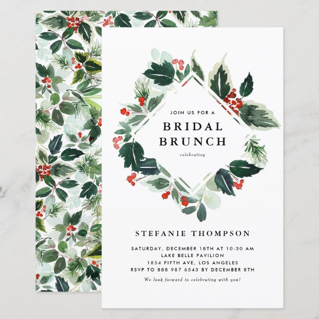 Winterberry Holly Greenery Bridal Brunch Einladung (Vorne/Hinten)