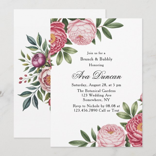 Winterberry Primrose Blumenbrunch & Bubbly Einladung (Vorne/Hinten)
