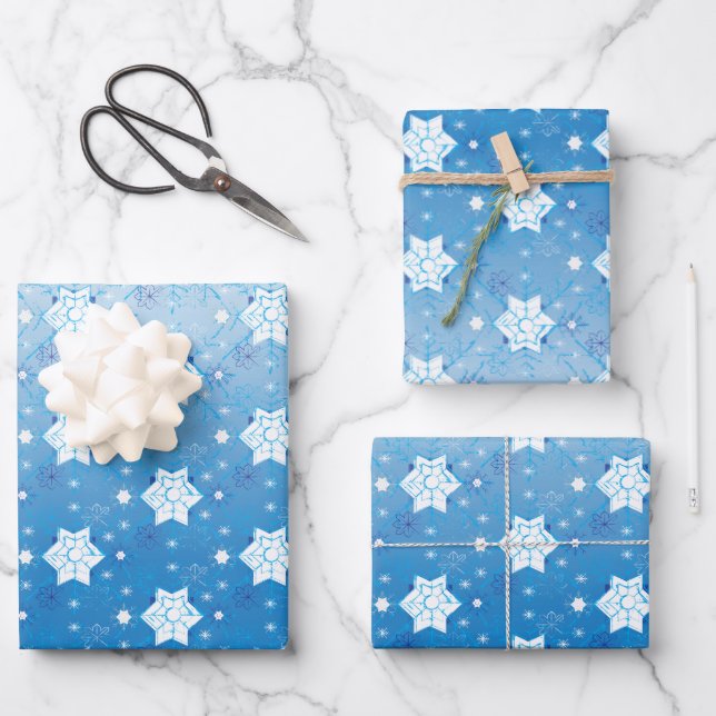 Winterblau-weiß-Schneeflocken-Muster Geschenkpapier Set (Vorderseite)