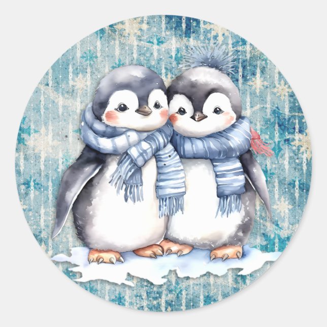 Winterblaue Aquarellpinguine mit Skarabäen Runder Aufkleber (Vorderseite)
