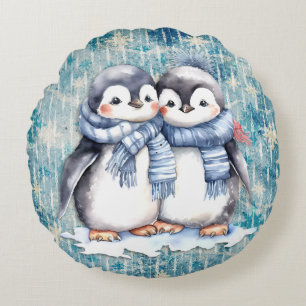 Winterblaue Aquarellpinguine mit Skarabäen Rundes Kissen