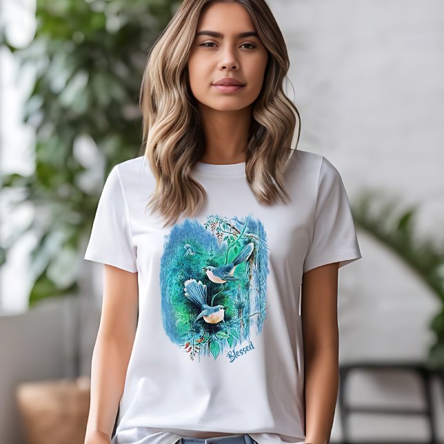 Winterblaue Vogelmalerei mit Text T-Shirt (Von Creator hochgeladen)
