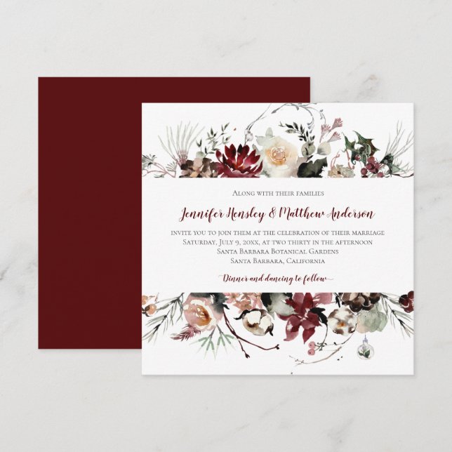 Winterblüten - Hochzeit von Burgund-Text | Einladung (Vorne/Hinten)