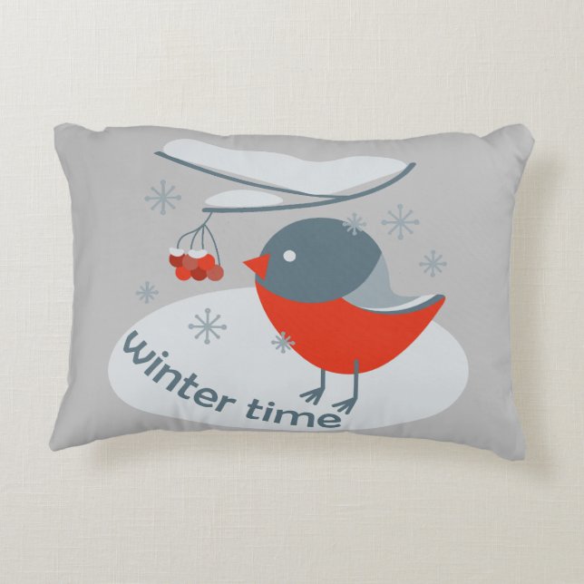 Winterbullfinkenvogel und Rowan Beeren Dekokissen (Rückseite)