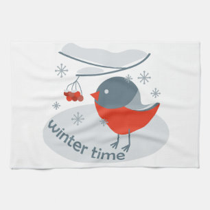 Winterbullfinkenvogel und Rowan Beeren Geschirrtuch