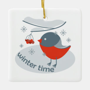 Winterbullfinkenvogel und Rowan Beeren Keramikornament