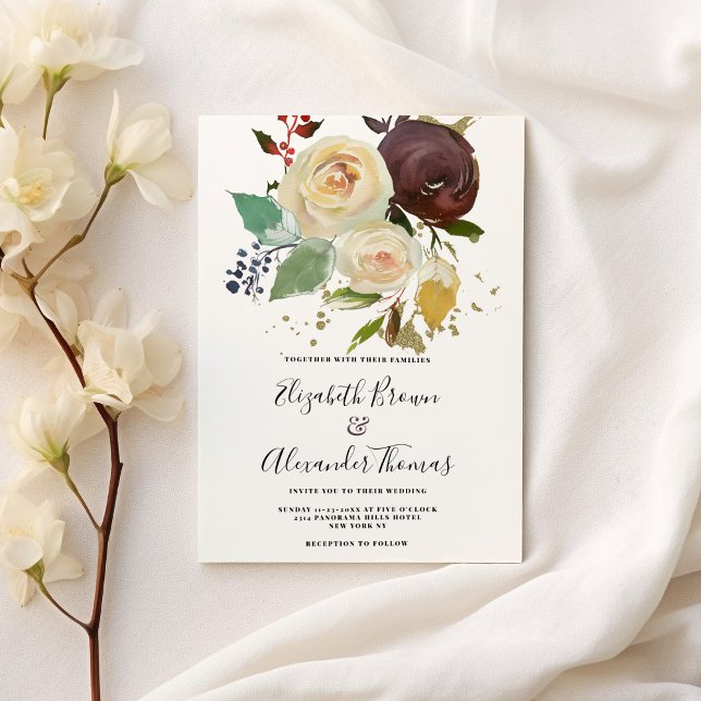 Winterburgundische Hochzeit mit Pfefferminz Einladung (Winter burgundy ivory mint gold floral wedding)
