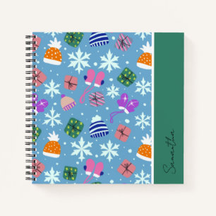 Winterdoodles Blaues Muster mit Monogramm Notizbuch